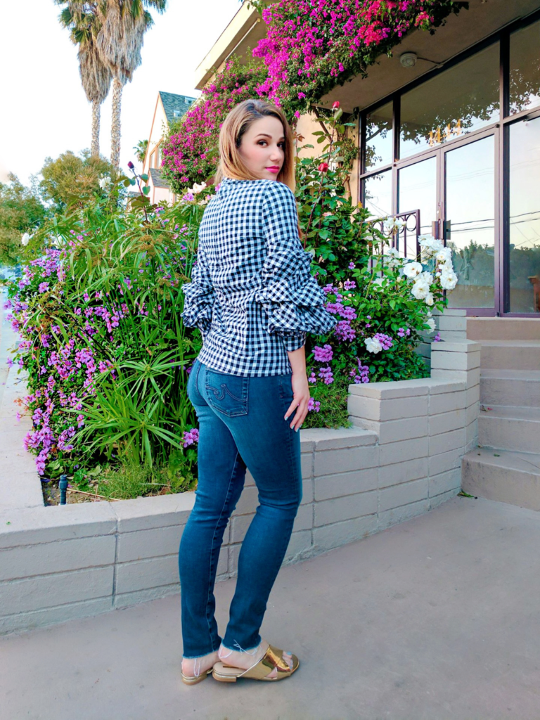 gingham blouse and metallic mules